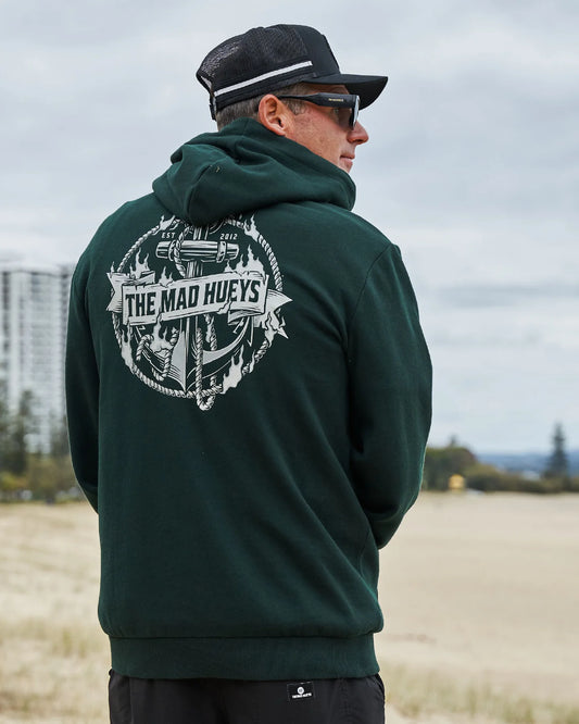 The Mad Hueys Flame Anchor Hooded Pullover | Pine Green