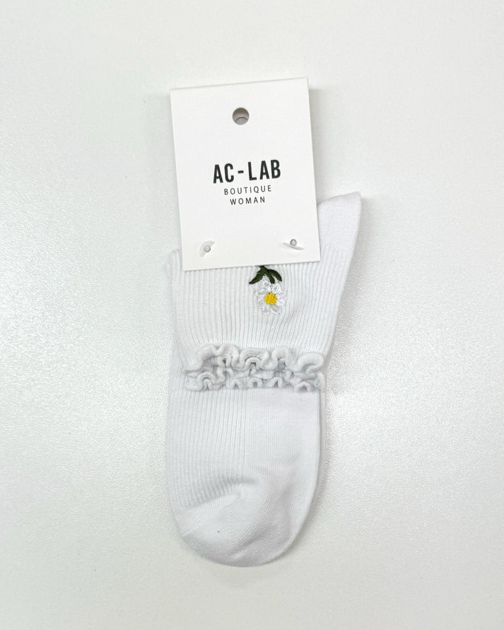 Ac-Lab Quarter Crew Sock Frill Embroided Daisy | White