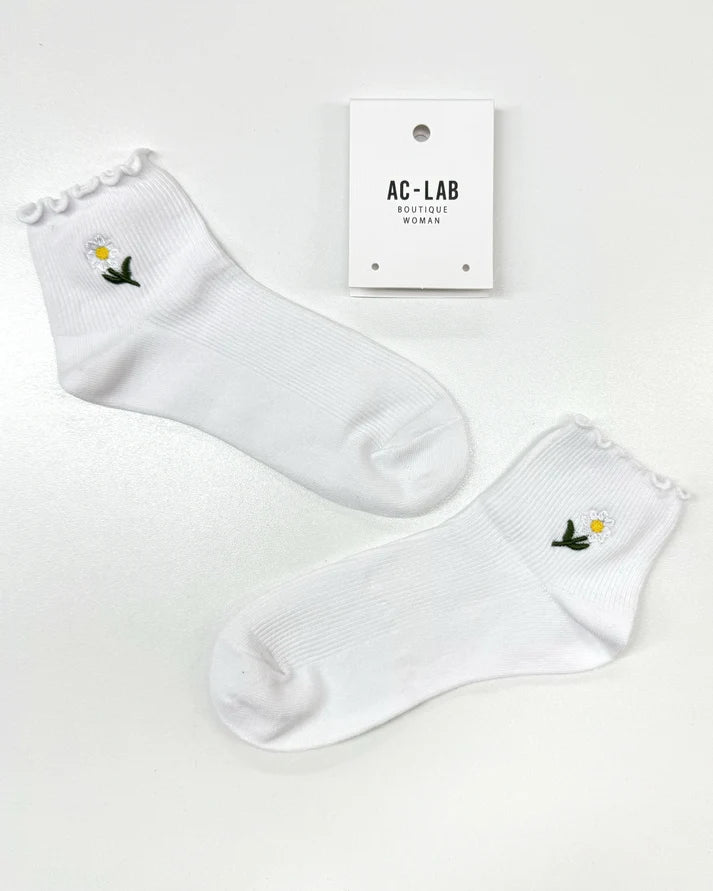 Ac-Lab Quarter Crew Sock Frill Embroided Daisy | White