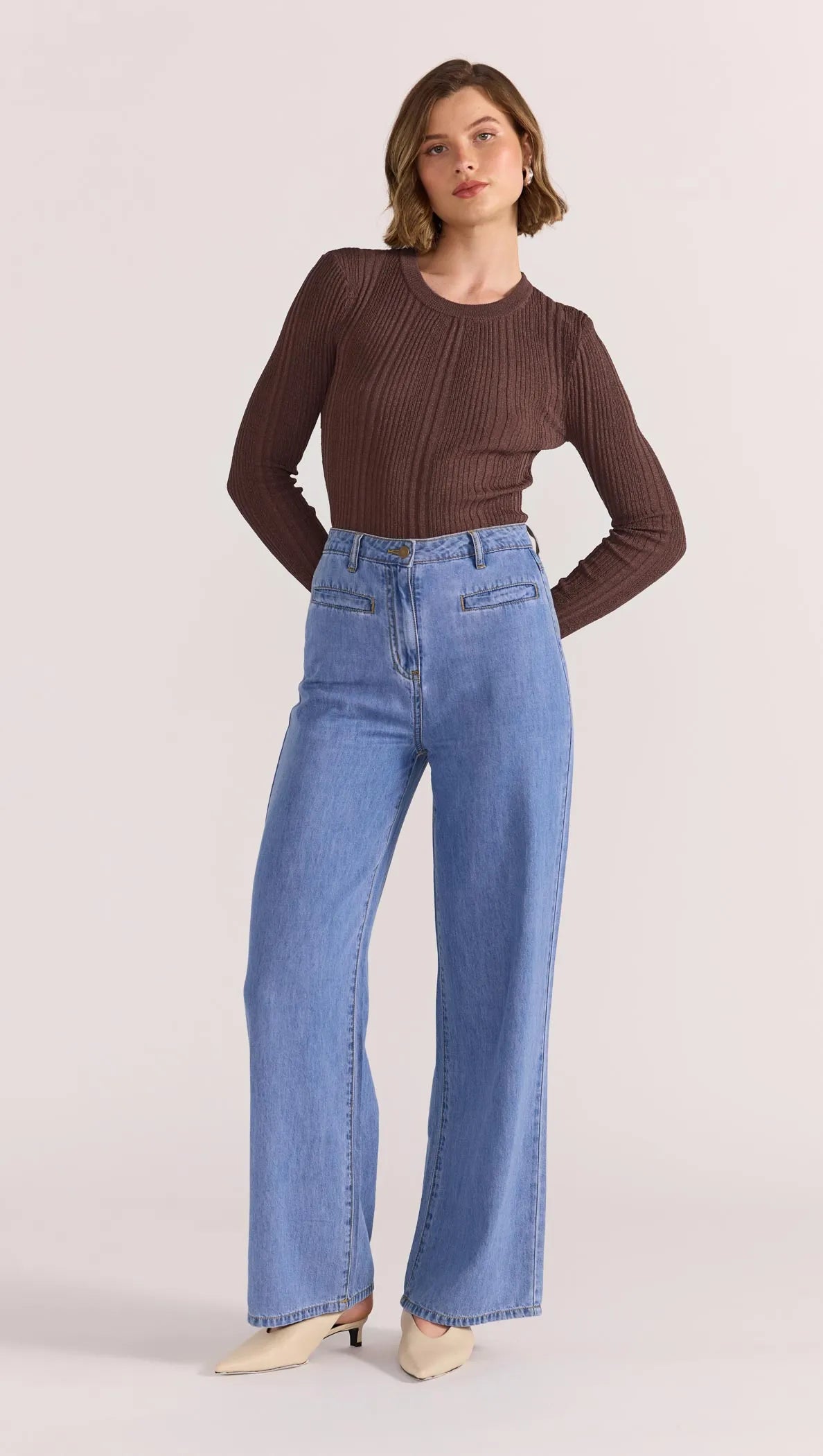 STAPLE THE LABEL LUNA RIBBED KNIT TOP NUTMEG