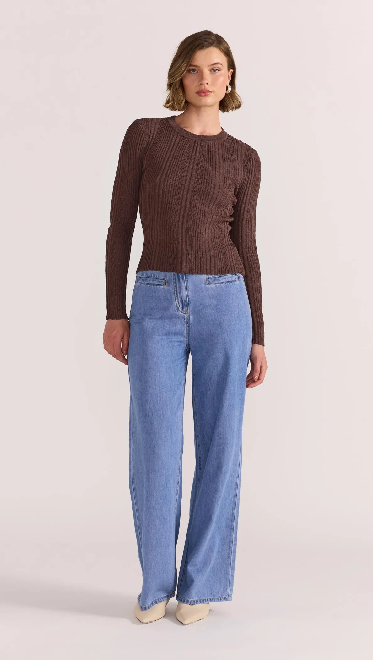 STAPLE THE LABEL LUNA RIBBED KNIT TOP NUTMEG