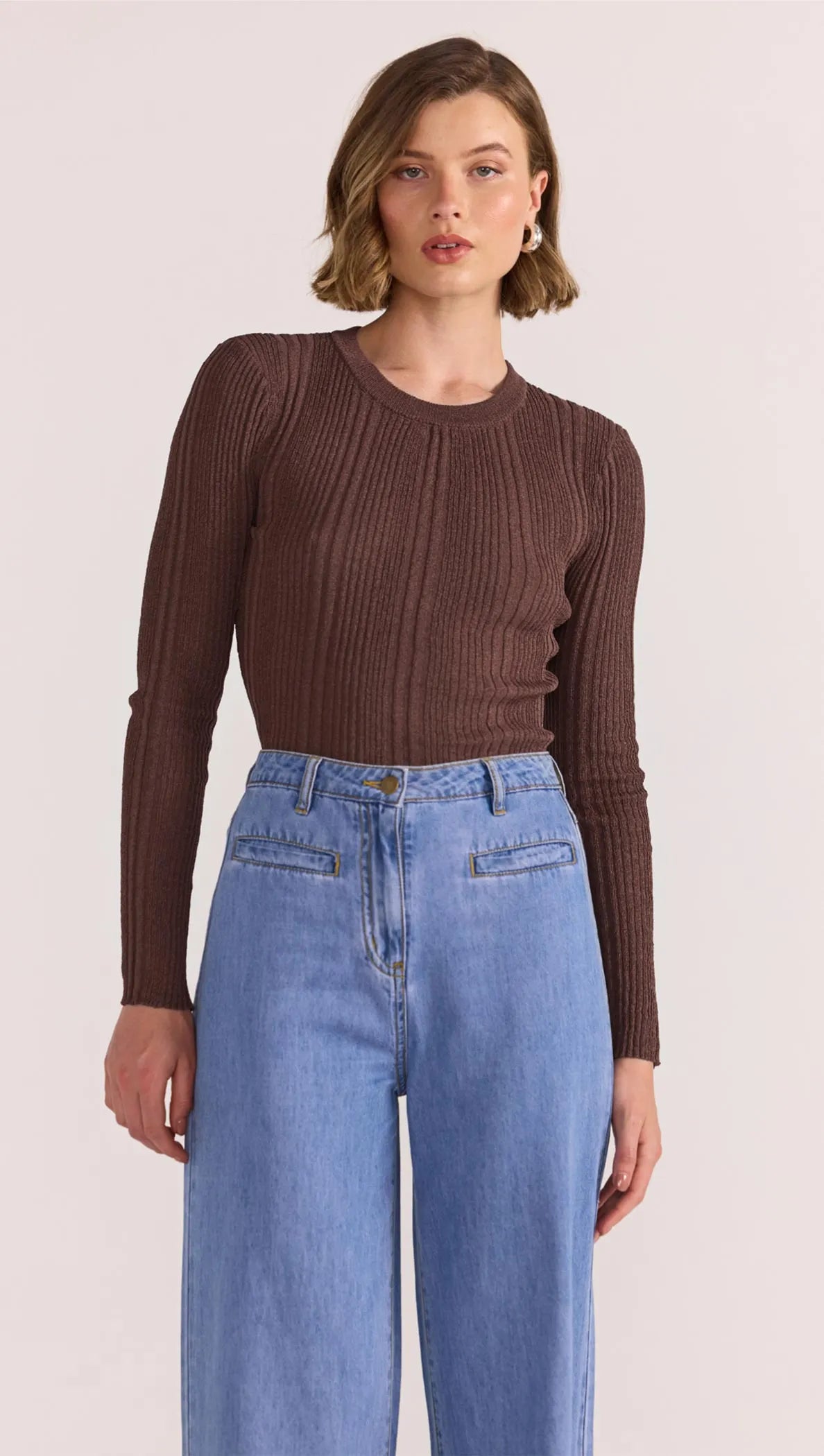 STAPLE THE LABEL LUNA RIBBED KNIT TOP NUTMEG
