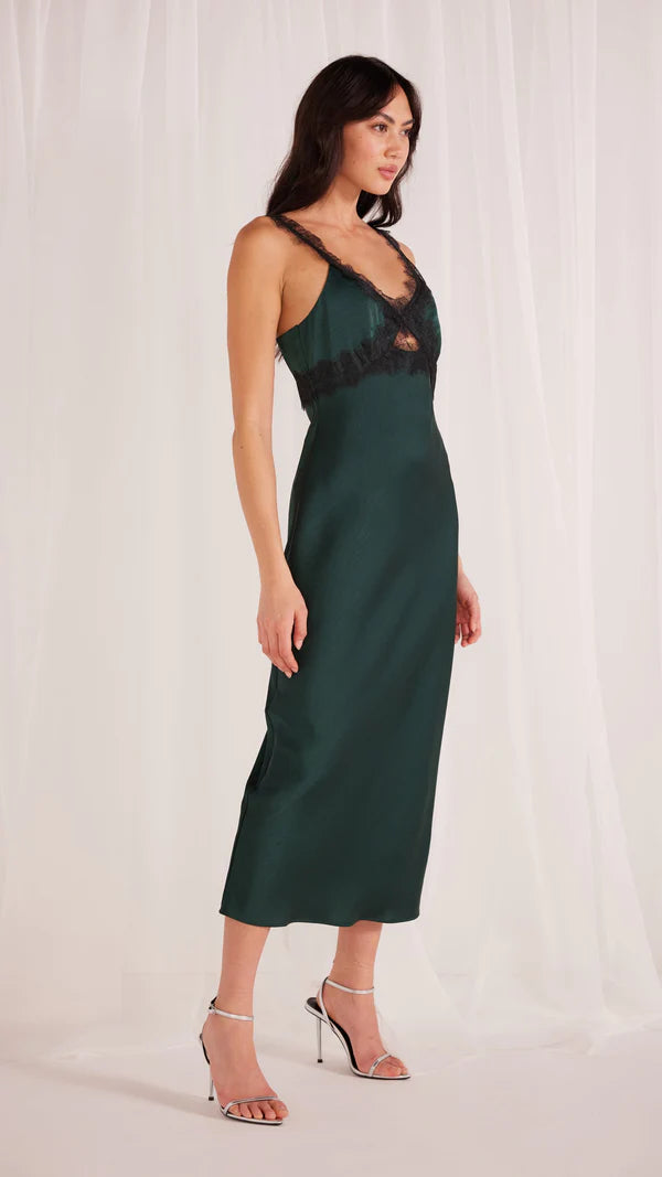 MINK PINK ERIN LACE TRIM MIDI DRESS EMERALD GREEN