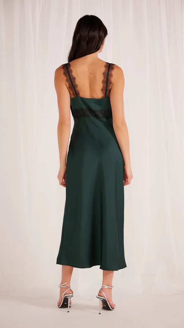 MINK PINK ERIN LACE TRIM MIDI DRESS EMERALD GREEN