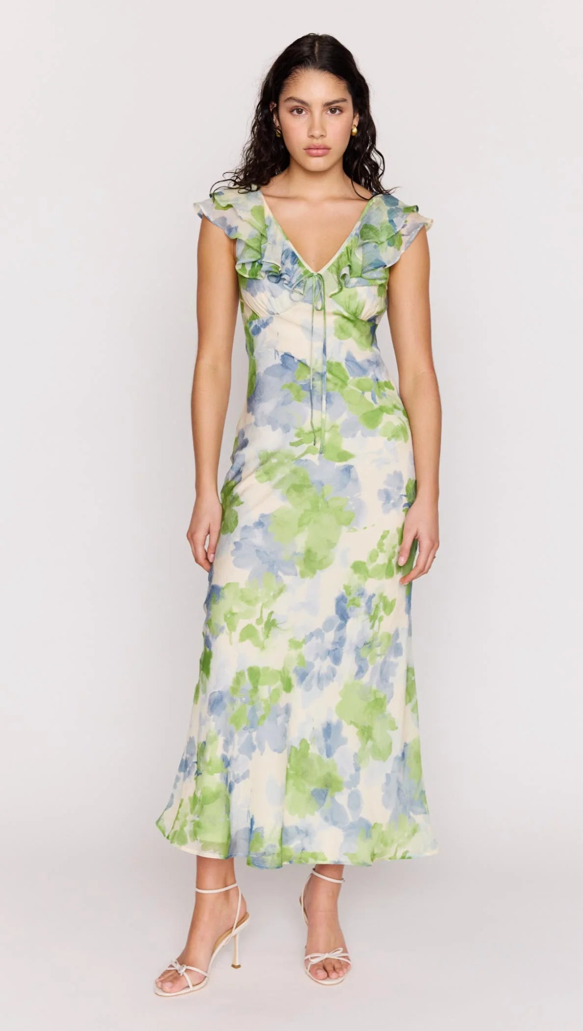 Mink Pink Carrie Ruffled Midi Dress | Watercolour Floral