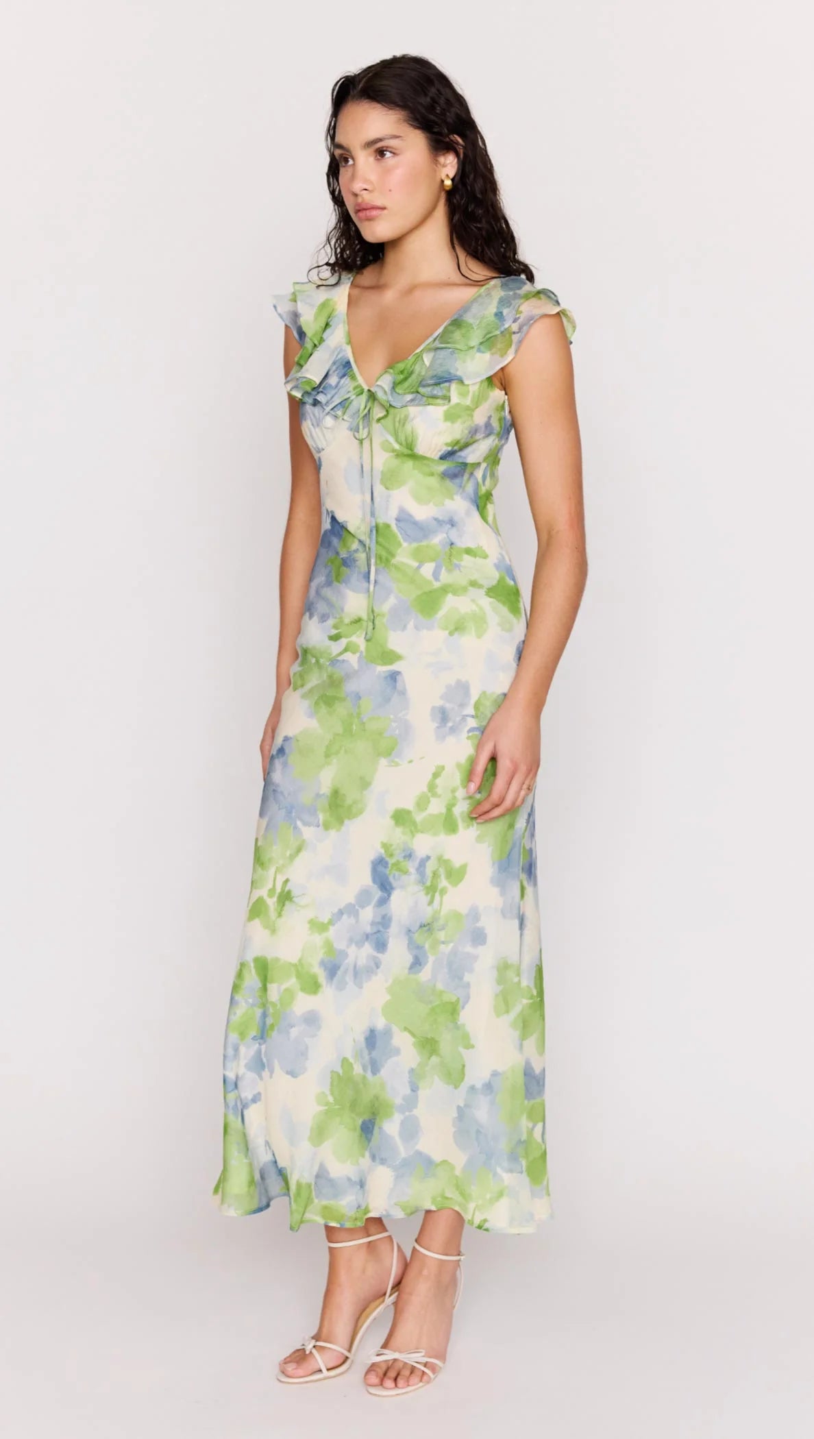 Mink Pink Carrie Ruffled Midi Dress | Watercolour Floral