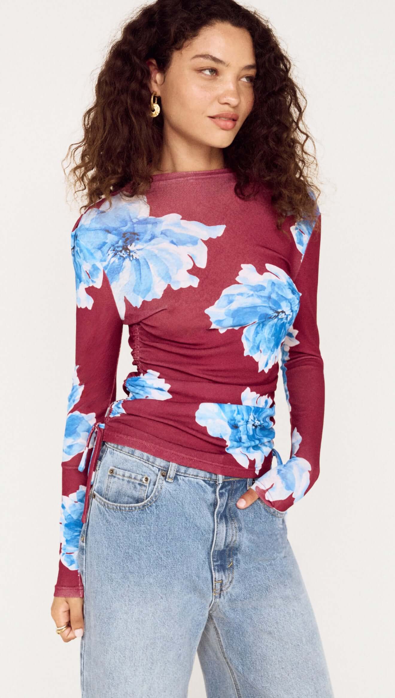 Mink Pink Fiorella Mesh Top | Wine/Blue Floral