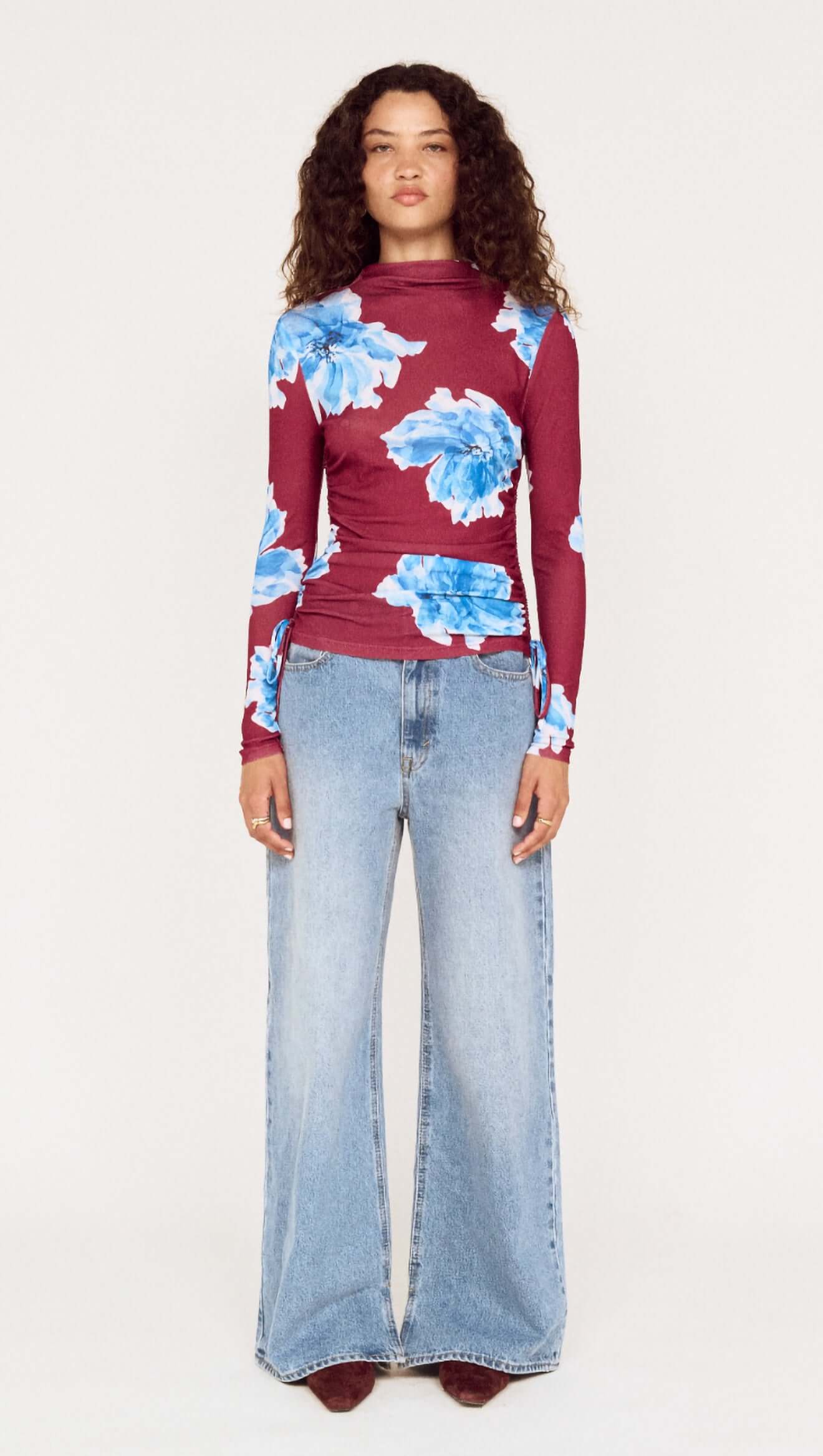 Mink Pink Fiorella Mesh Top | Wine/Blue Floral