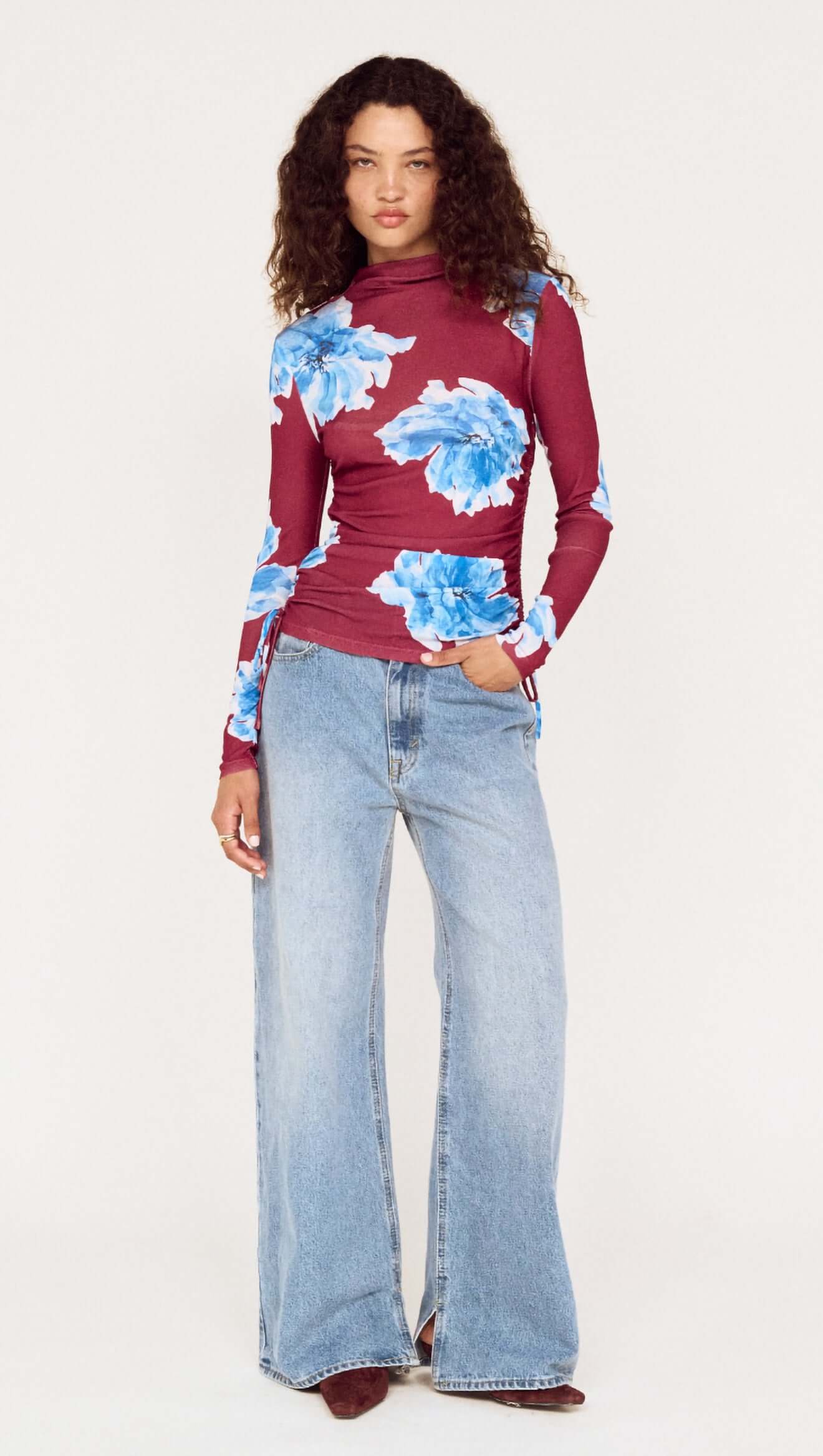 Mink Pink Fiorella Mesh Top | Wine/Blue Floral