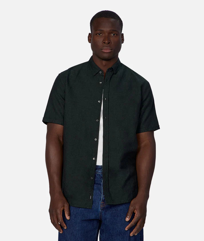 INDUSTRIE THE TENNYSON LINEN BLEND S/S SHIRT DARK PINE