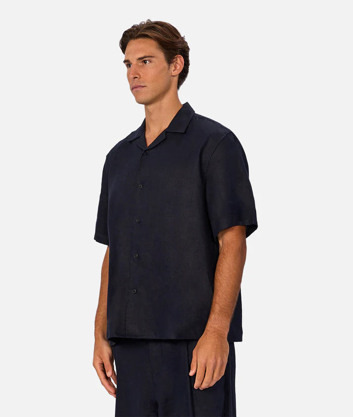 Industrie The Lusso Linen Short Sleeve Shirt | Ink