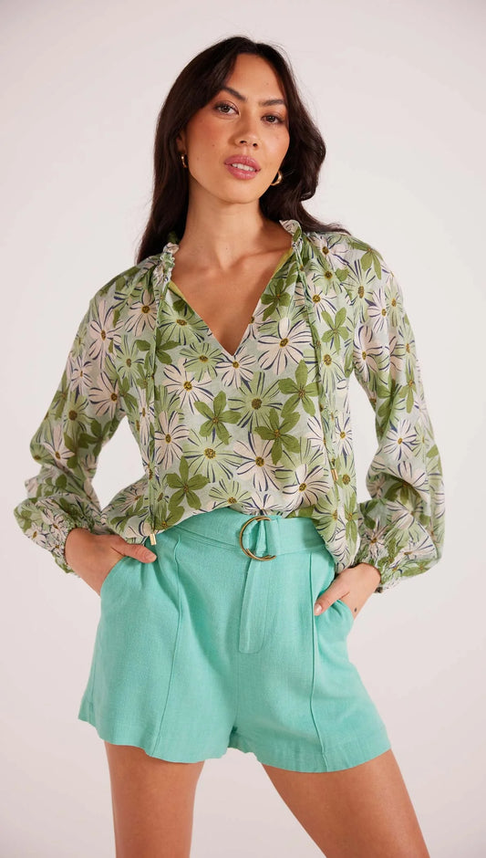 MINK PINK MARGAUX BLOUSE GREEN/WHITE FLORAL