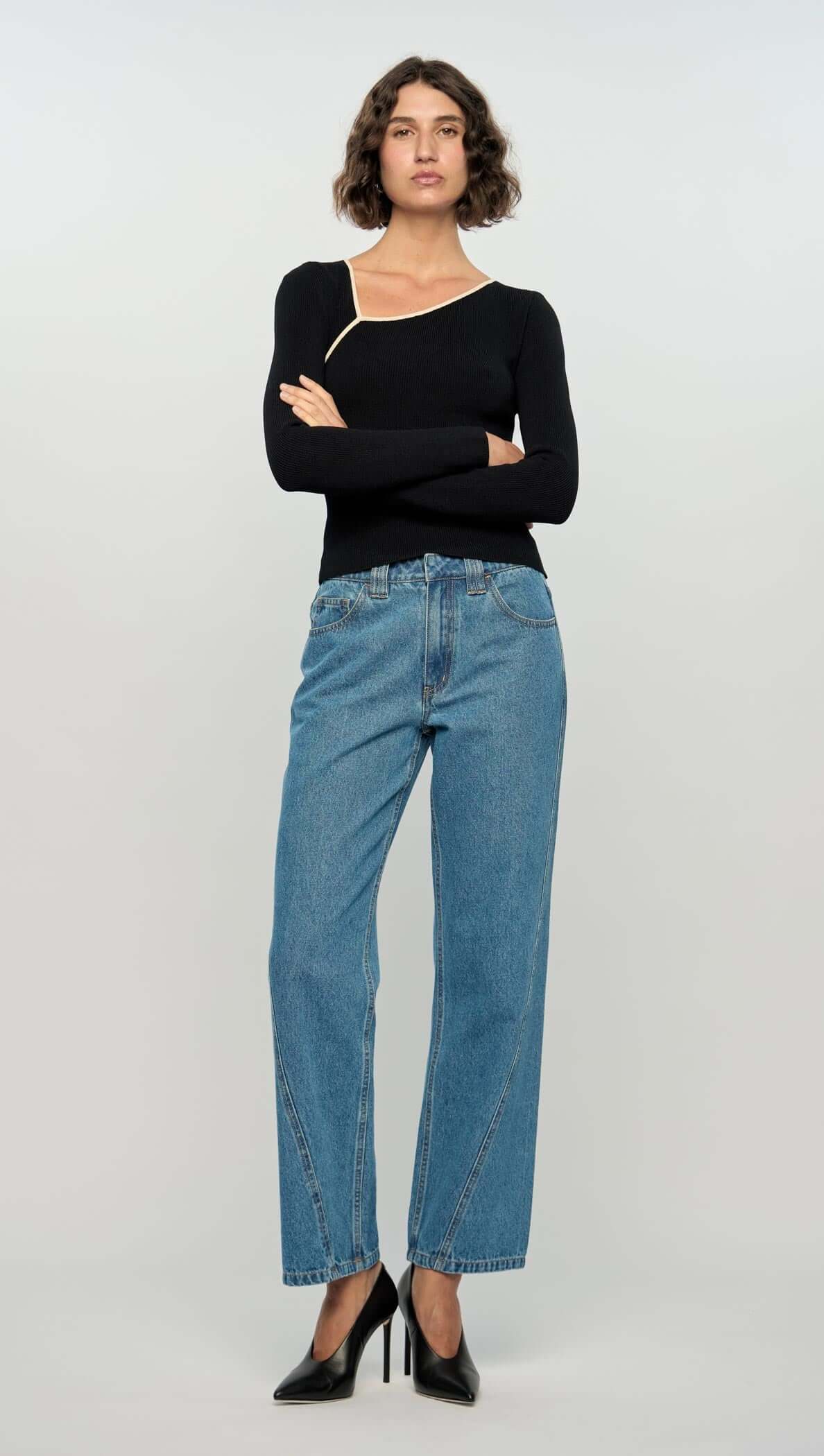 STAPLE THE LABEL NOELLE KNIT TOP BLACK/CREAM