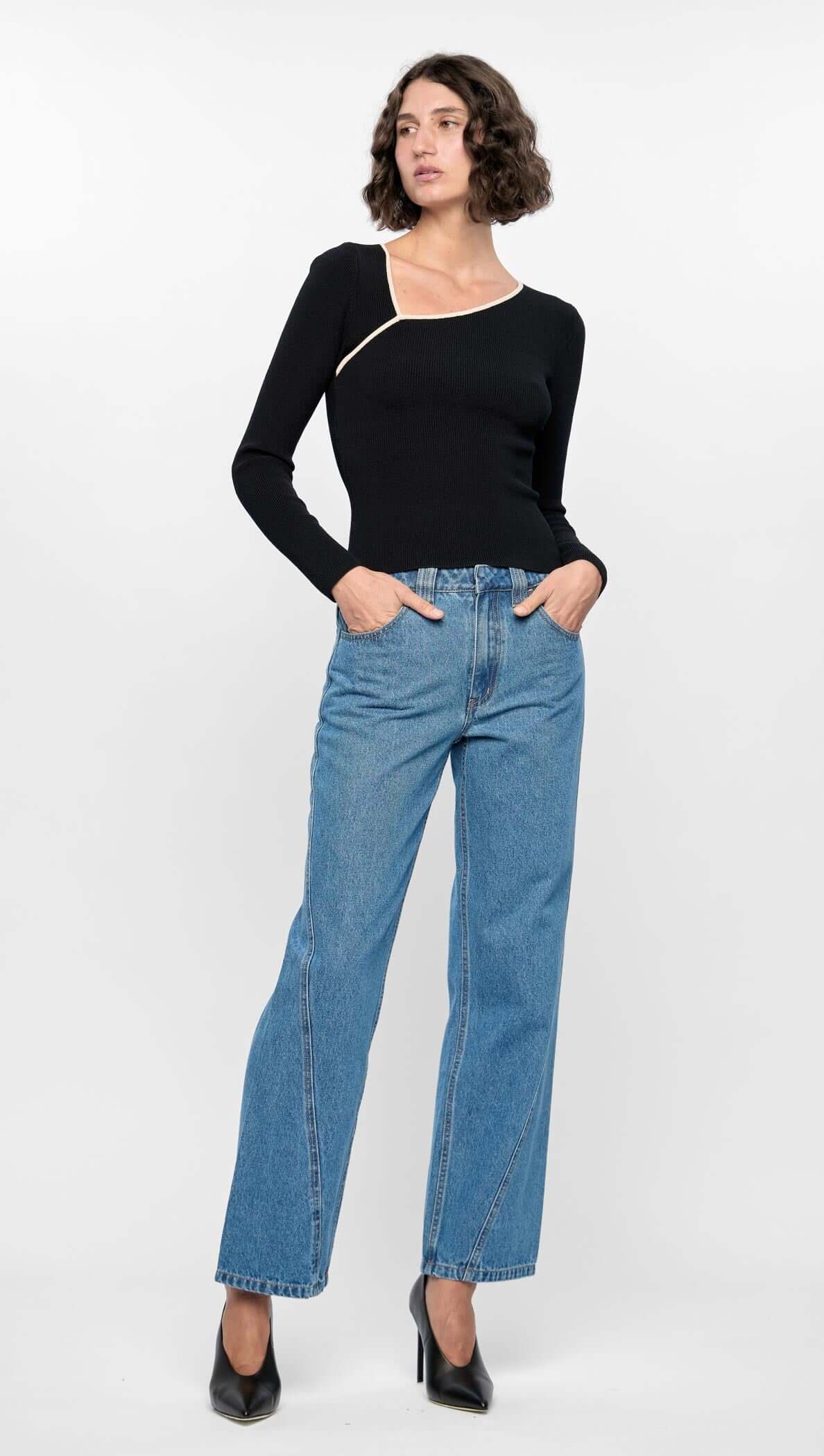 STAPLE THE LABEL NOELLE KNIT TOP BLACK/CREAM
