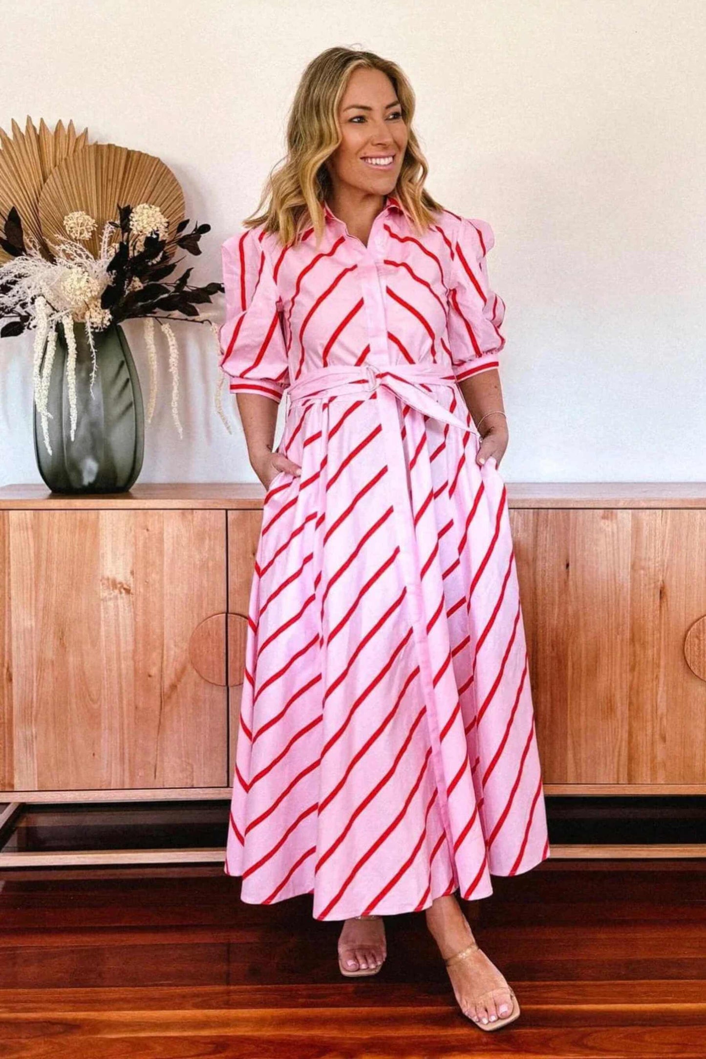 LEONI BIANCA DRESS PINK ORANGE STRIPE