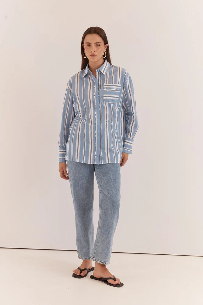Sass Nyx Piped Stripe Shirt | Blue Stripe