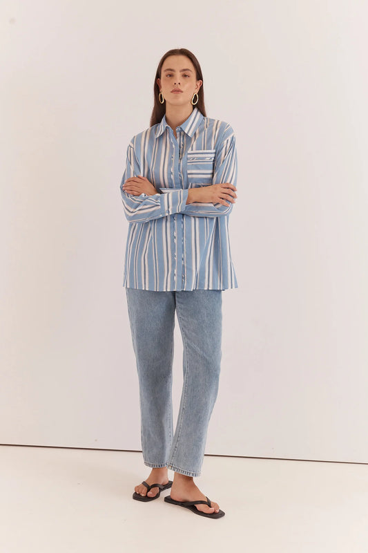 Sass Nyx Piped Stripe Shirt | Blue Stripe