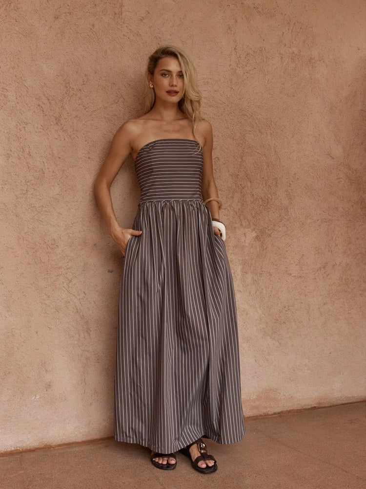 Sass Everley Strapless Dress | Chocolate Stripe