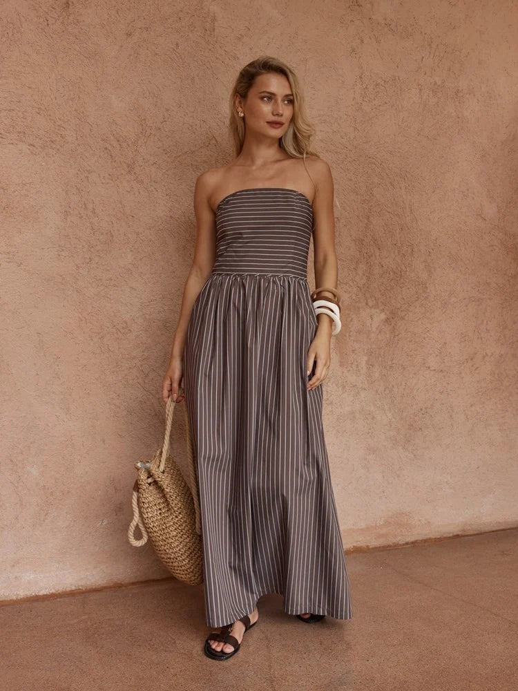 Sass Everley Strapless Dress | Chocolate Stripe