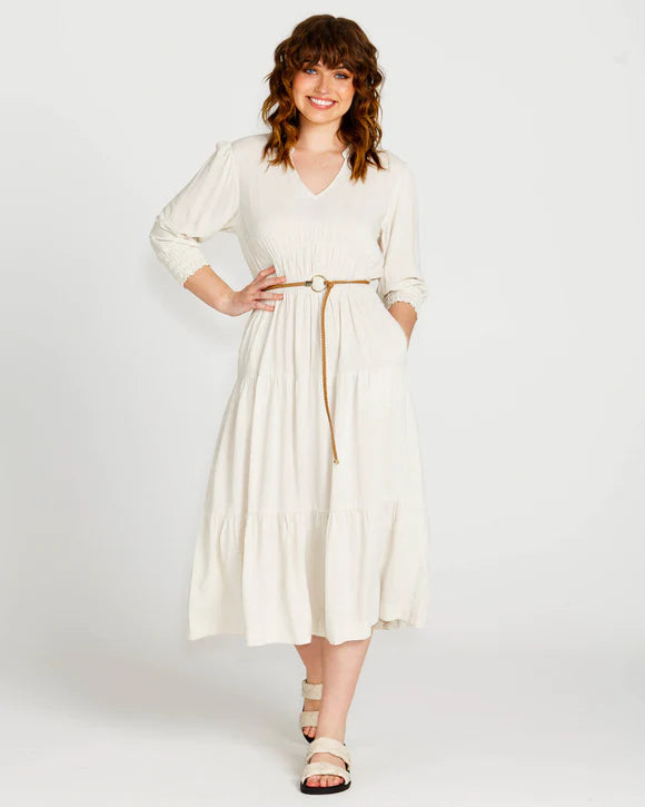 SASS PORTIA ELASTIC WAISTED FLOWY DRESS OATMEAL