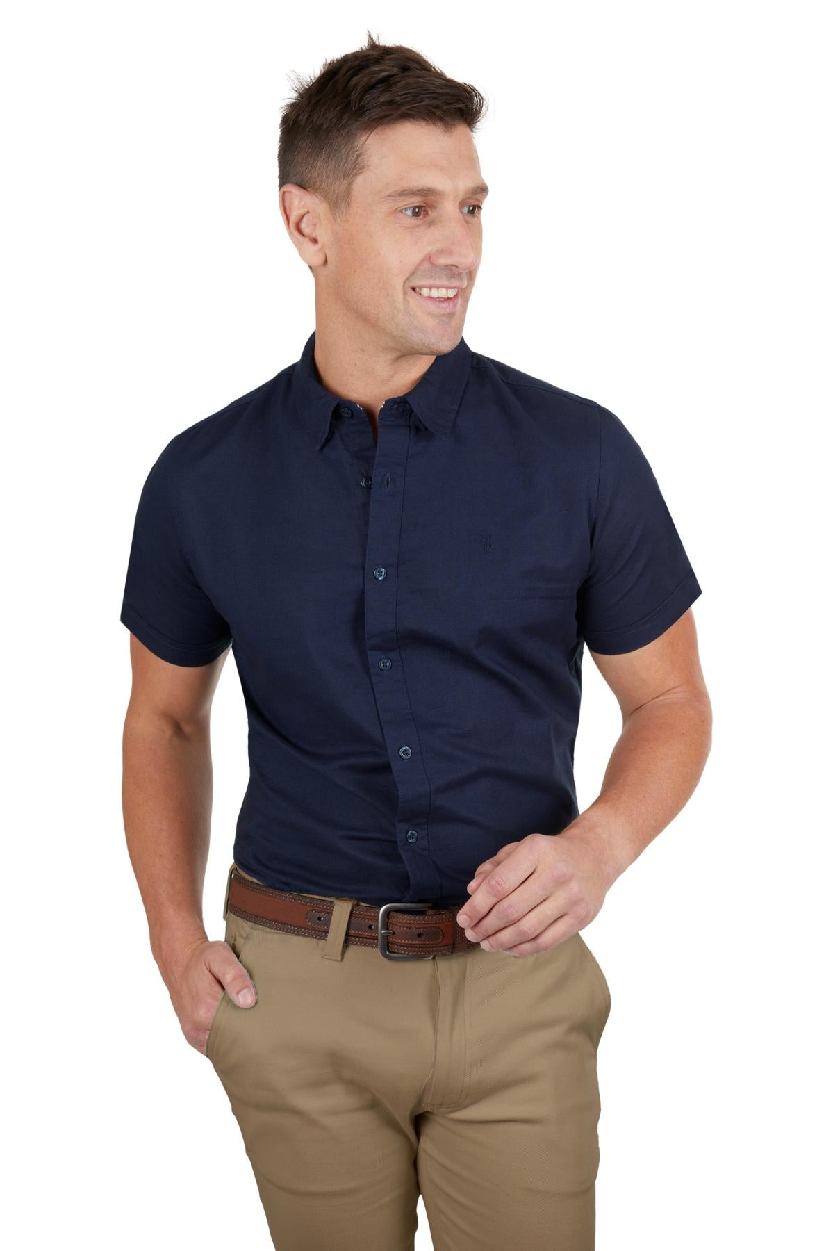 THOMAS COOK MENS LINEN TAILORED SS SHIRT NAVY