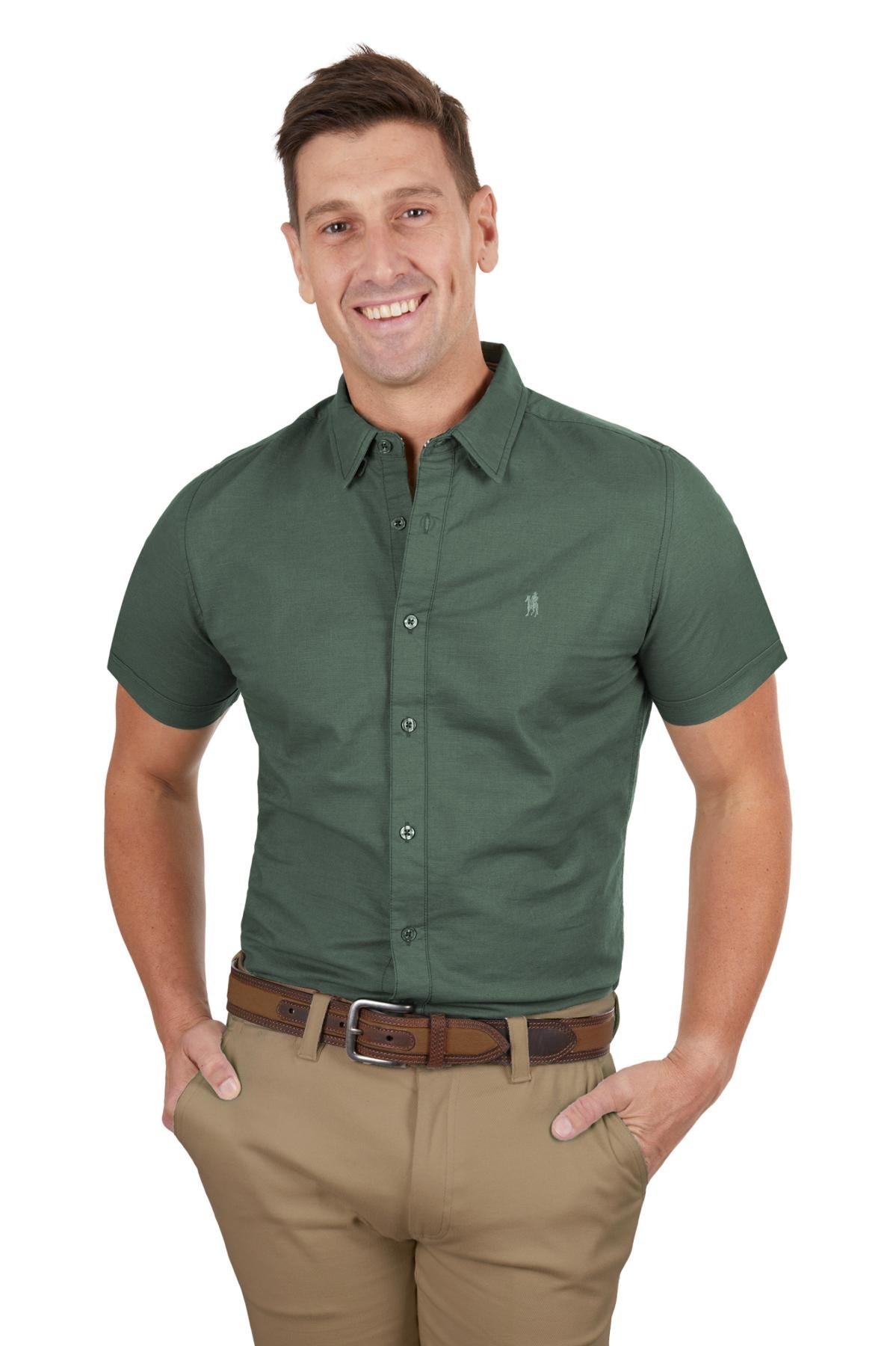 THOMAS COOK MENS LINEN TAILORED SS SHIRT GREEN