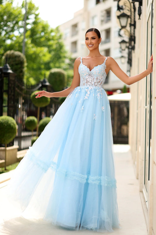 TINA HOLLY TY405 EMBROIDERY LACE/TULLE DRESS ICY BLUE