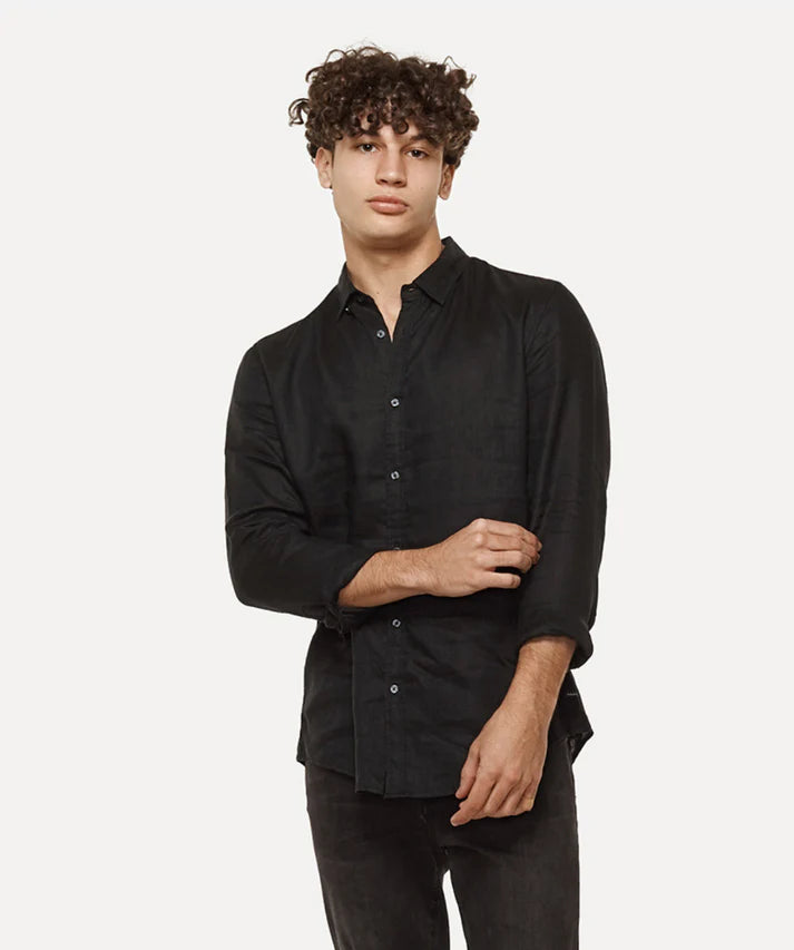 INDUSTRIE THE TENNYSON LINEN LONG SLEEVE SHIRT 2 BLACK