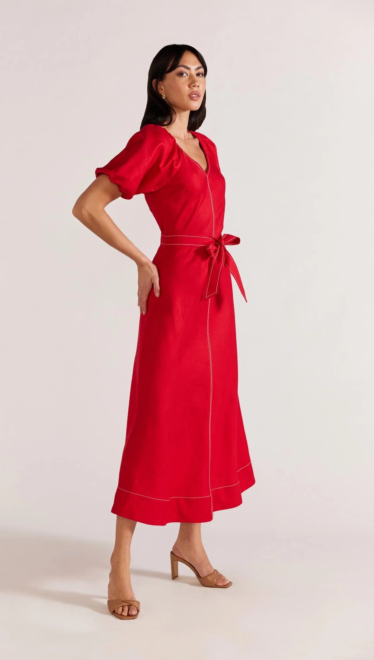 STAPLE THE LABEL VALENCIA BELTED MIDI DRESS RED