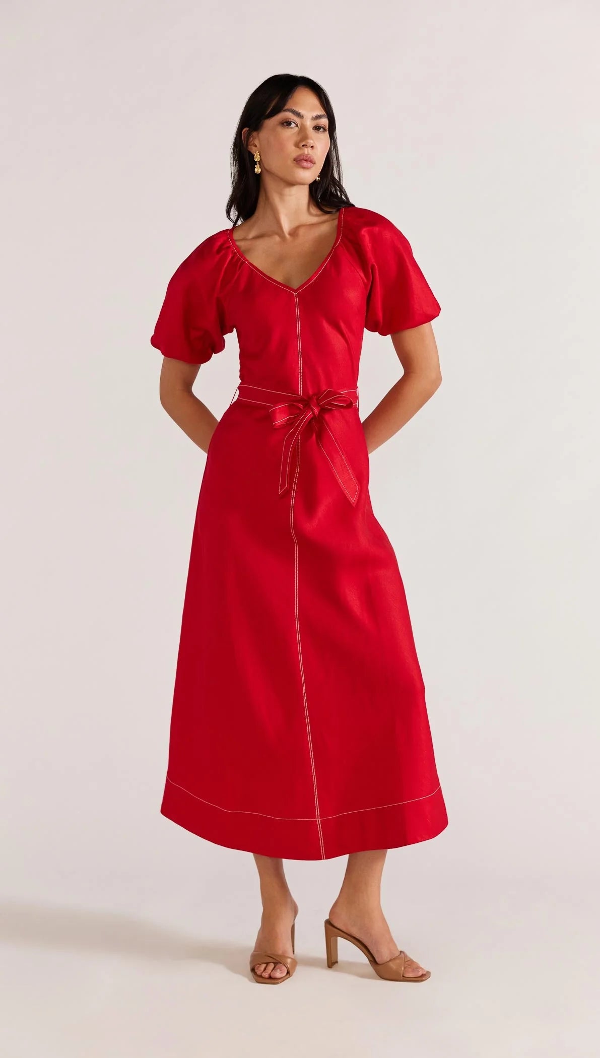 STAPLE THE LABEL VALENCIA BELTED MIDI DRESS RED