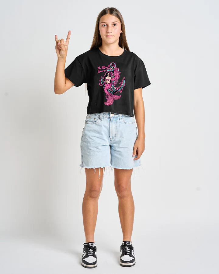 The Mad Hueys Seahorse Anchor Girls Boxy Short Sleeve Tee Black