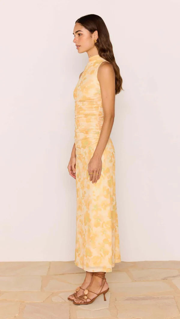 MINK PINK CLAIR MESH MIDI DRESS YELLOW FLORAL