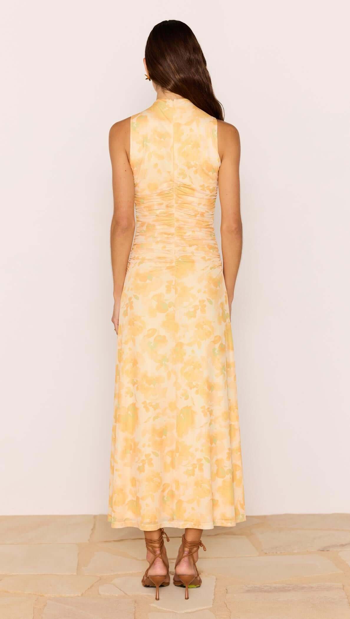 MINK PINK CLAIR MESH MIDI DRESS YELLOW FLORAL