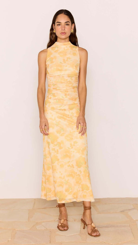 MINK PINK CLAIR MESH MIDI DRESS YELLOW FLORAL