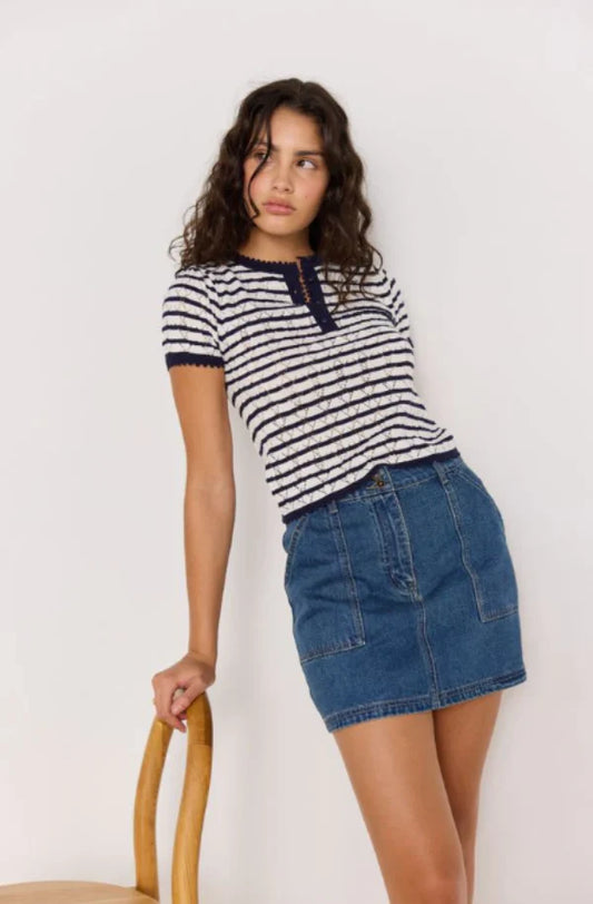 MINK PINK CHLOE STRIPE KNIT TEE NAVY/WHITE