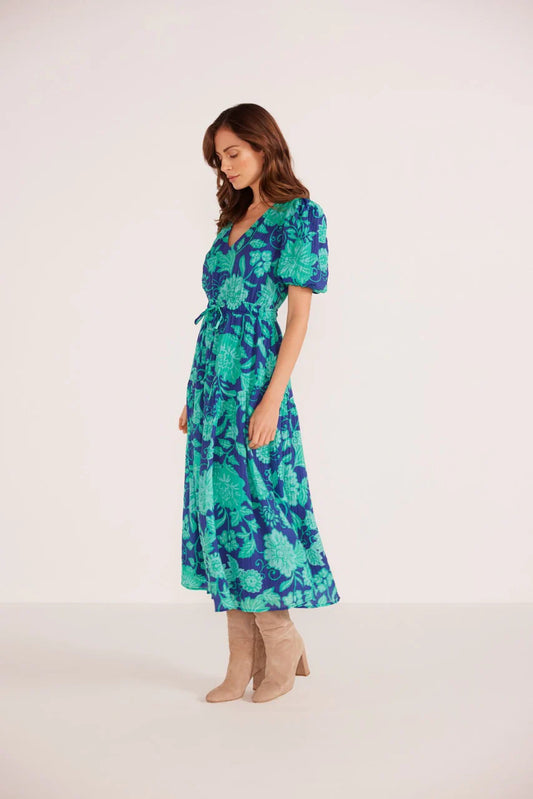 MINK PINK CONNIE PUFF SLEEVE MIDI MINT/NAVY FLORAL