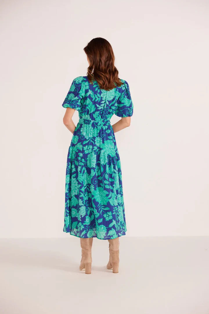 MINK PINK CONNIE PUFF SLEEVE MIDI MINT/NAVY FLORAL