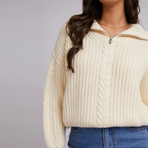 ALL ABOUT EVE DAHLIA 1/4 ZIP KNIT VINTAGE WHITE