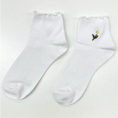 Ac-Lab Quarter Crew Sock Frill Embroided Daisy | White