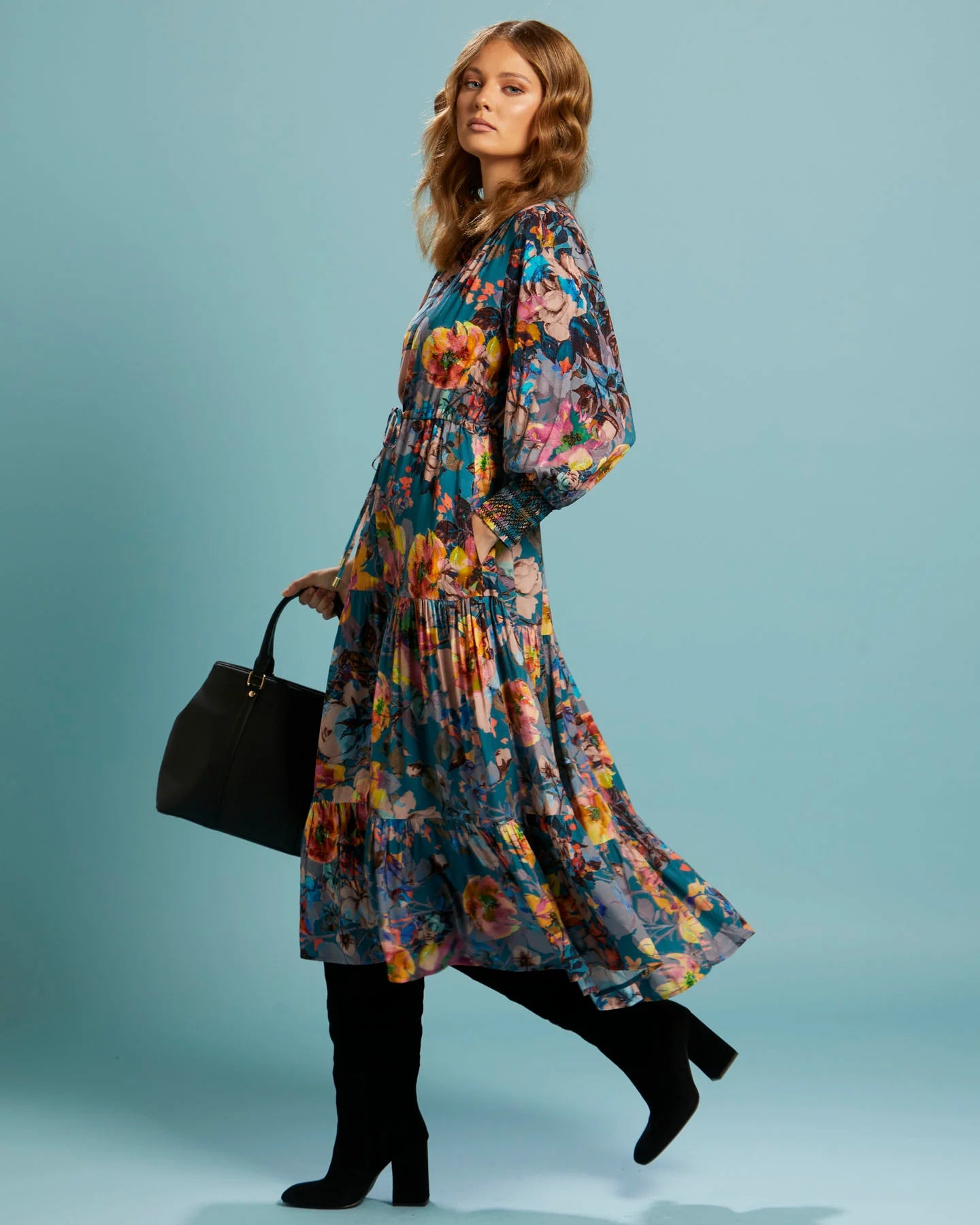 FATE+BECKER PURE SHORES TIERED MIDI DRESS TEAL BOUQUET