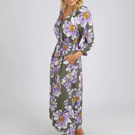 ELM ANTHEIA FLORAL GATHERED DRESS CLOVER