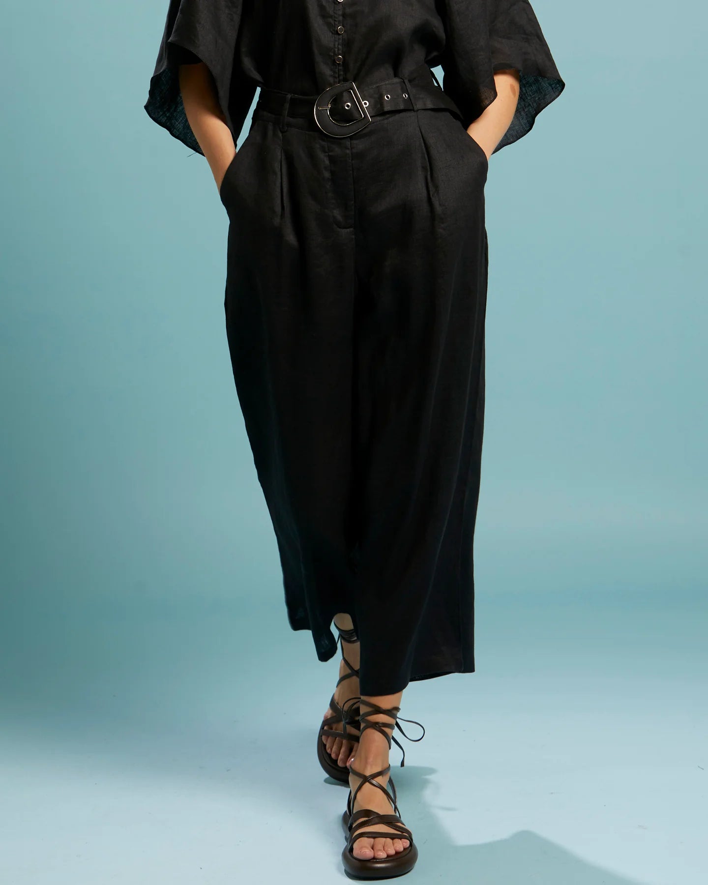 FATE+BECKER EXHALE BELTED WIDE LEG PANT BLACK