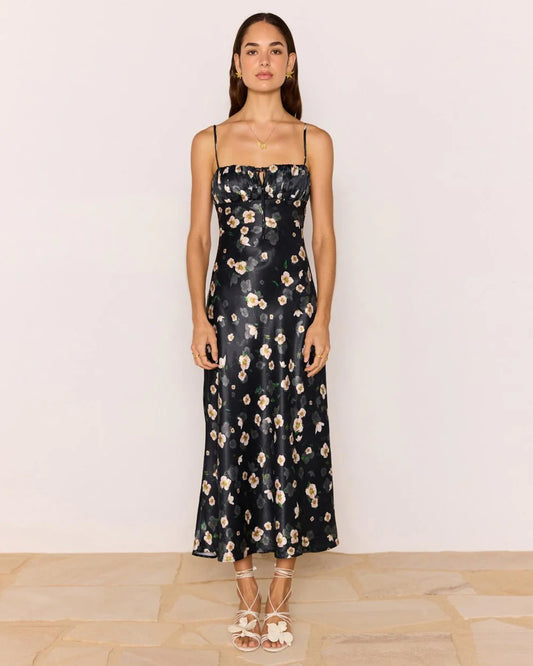 MINK PINK ELINOR BIAS MIDI DRESS FLORAL/BLACK