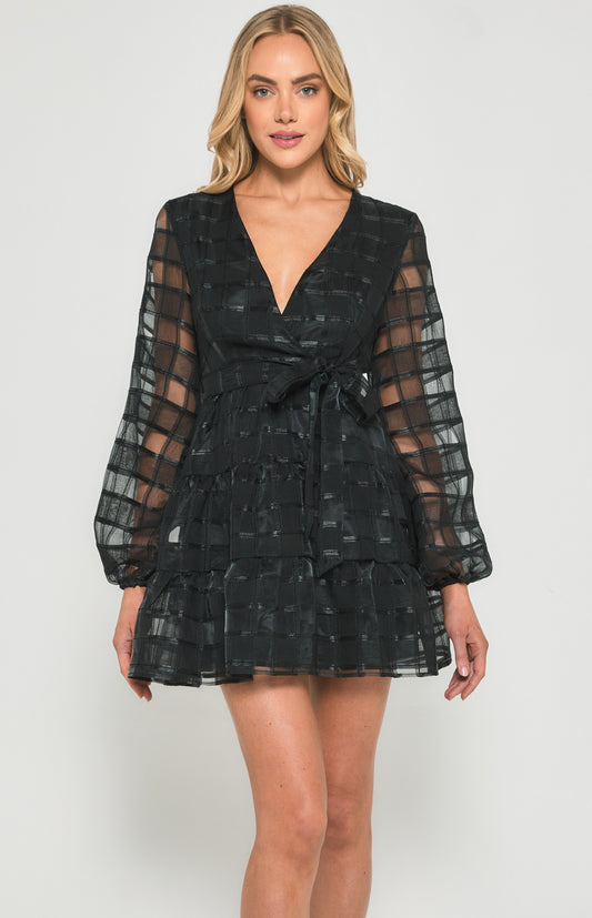 STYLE STATE CHECKERED ORGANZA TIERED HEM MINI DRESS BLACK