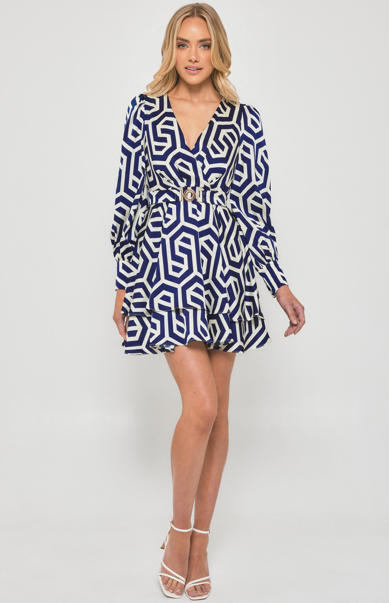 STYLE STATE GEOMETRIC PRINT DRESS WITH METAL BUCKLE DETAIL BLUE