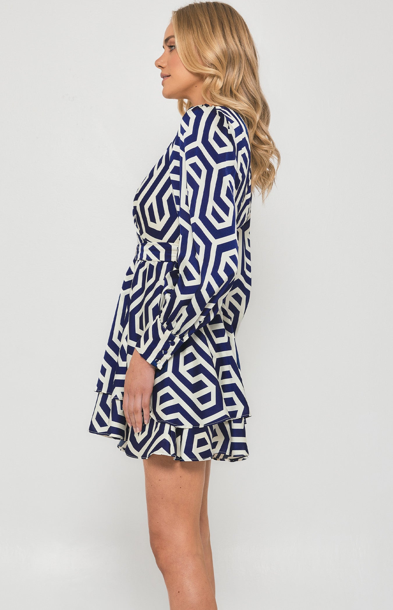 STYLE STATE GEOMETRIC PRINT DRESS WITH METAL BUCKLE DETAIL BLUE