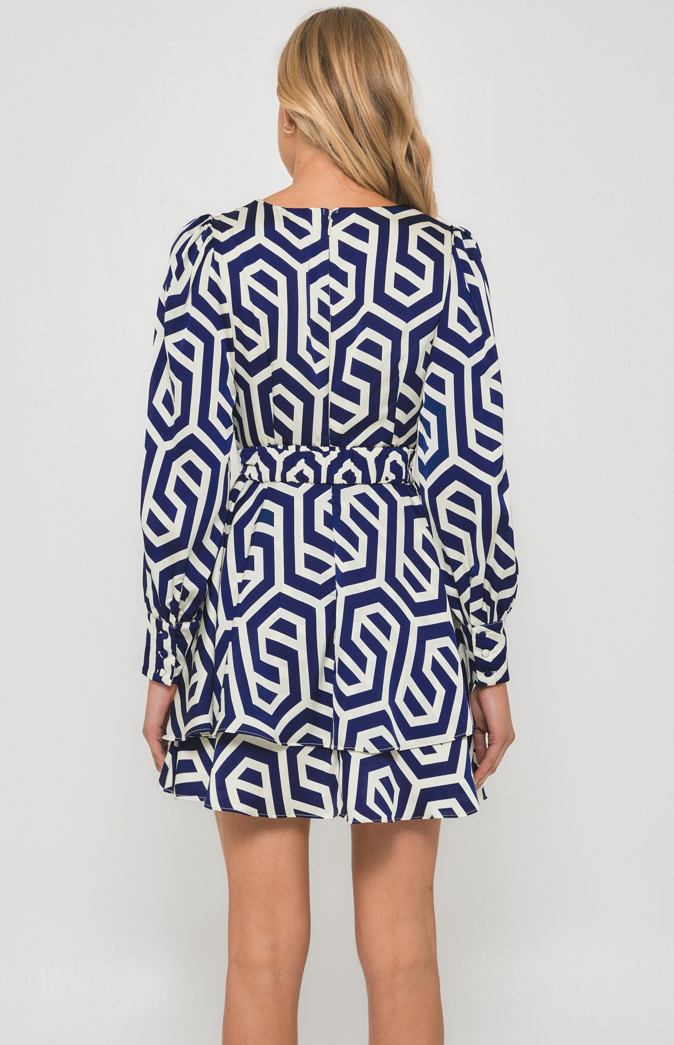 STYLE STATE GEOMETRIC PRINT DRESS WITH METAL BUCKLE DETAIL BLUE