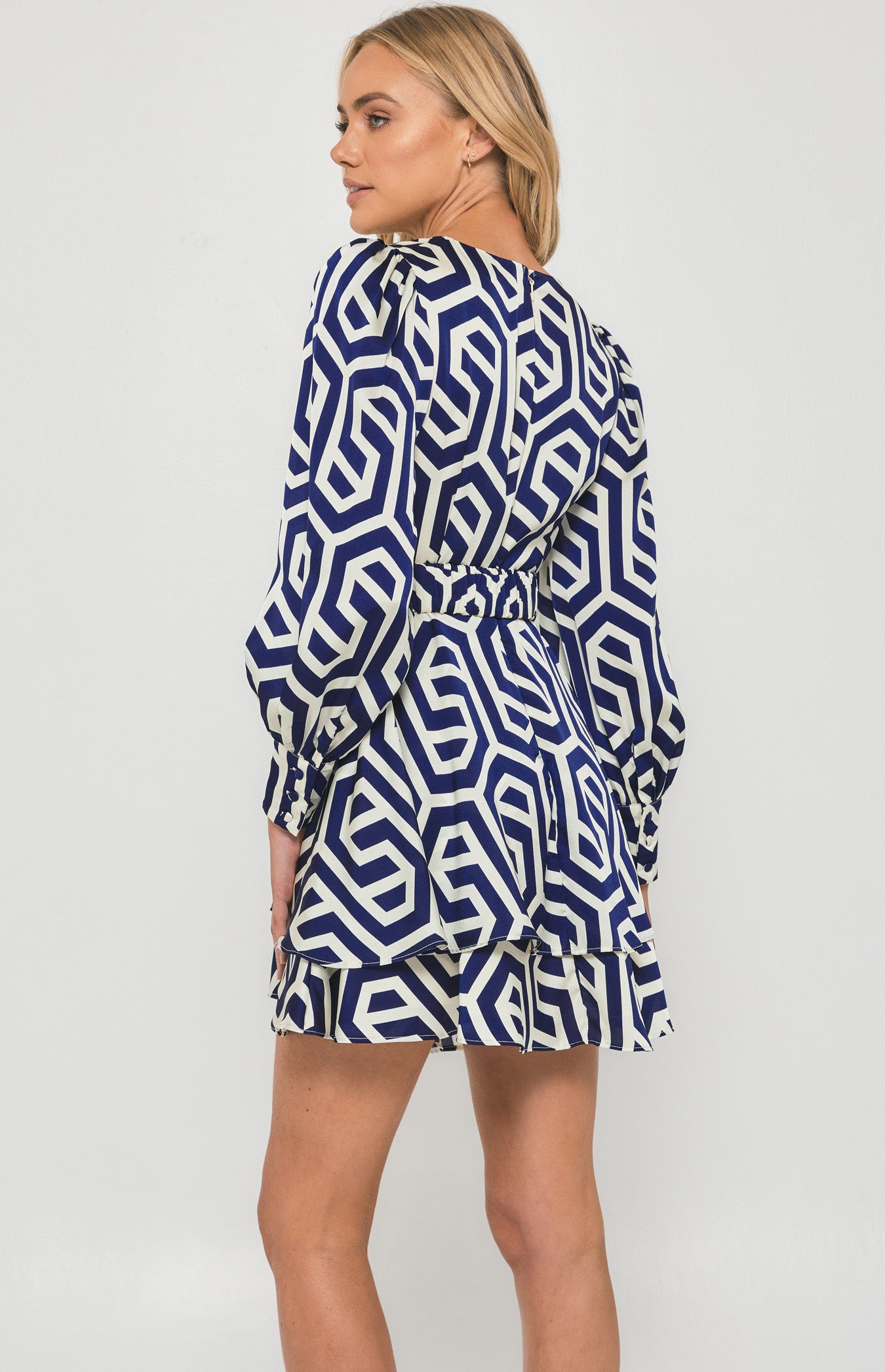STYLE STATE GEOMETRIC PRINT DRESS WITH METAL BUCKLE DETAIL BLUE
