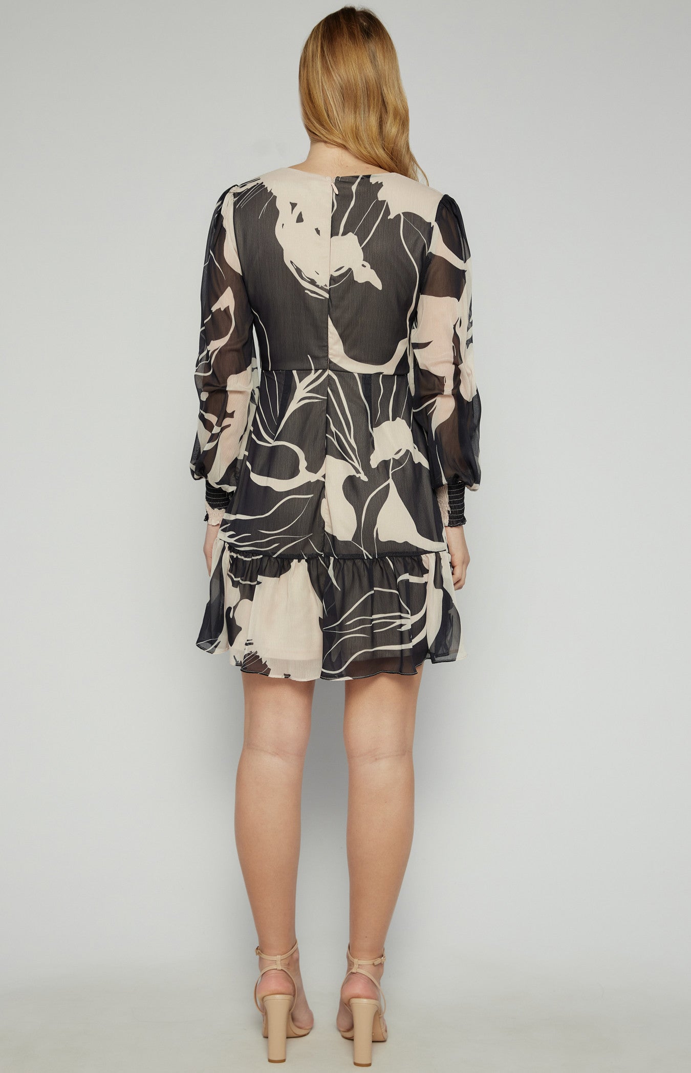 STYLE STATE CHIFFON ABSTRACT PRINT DRESS WITH RUFFLE HEM BLACK