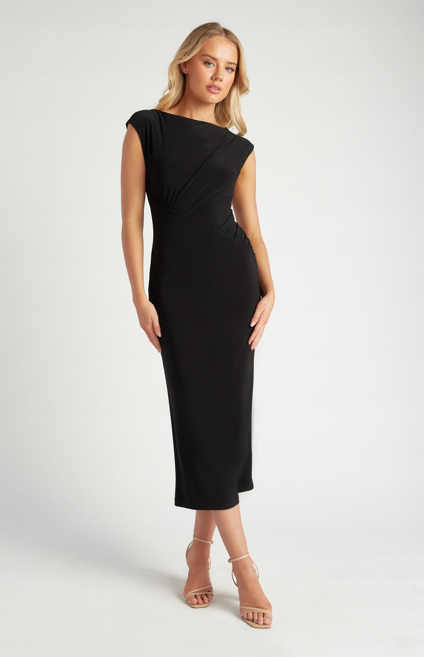 STYLE STATE GATHERED BODICE SEAM DETAIL JERSEY MIDI DRESS BLACK